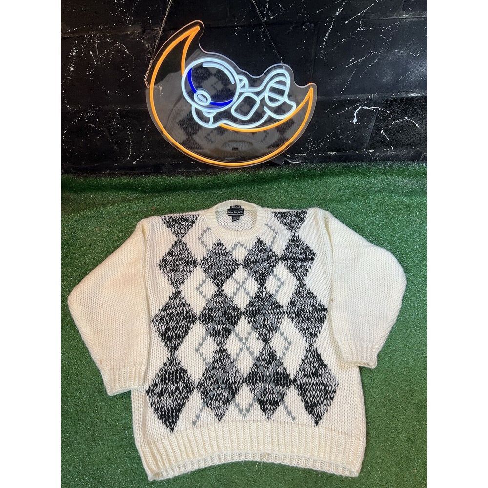 VTG Peter England Mens XL Handmade 100% Acrylic‎ Black&White Sweater Hand Knit
